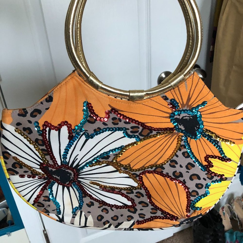 Orange Floral Animal Print Sequin Handbag NWOT